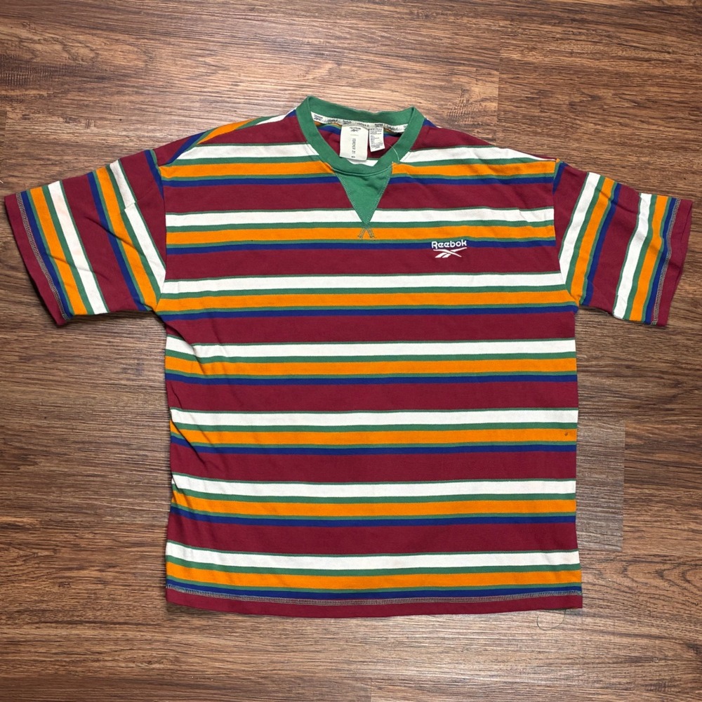 Reebok Forever 21 Striped Polo Shirt Men's L Burgundy Green Orange Y2K Style